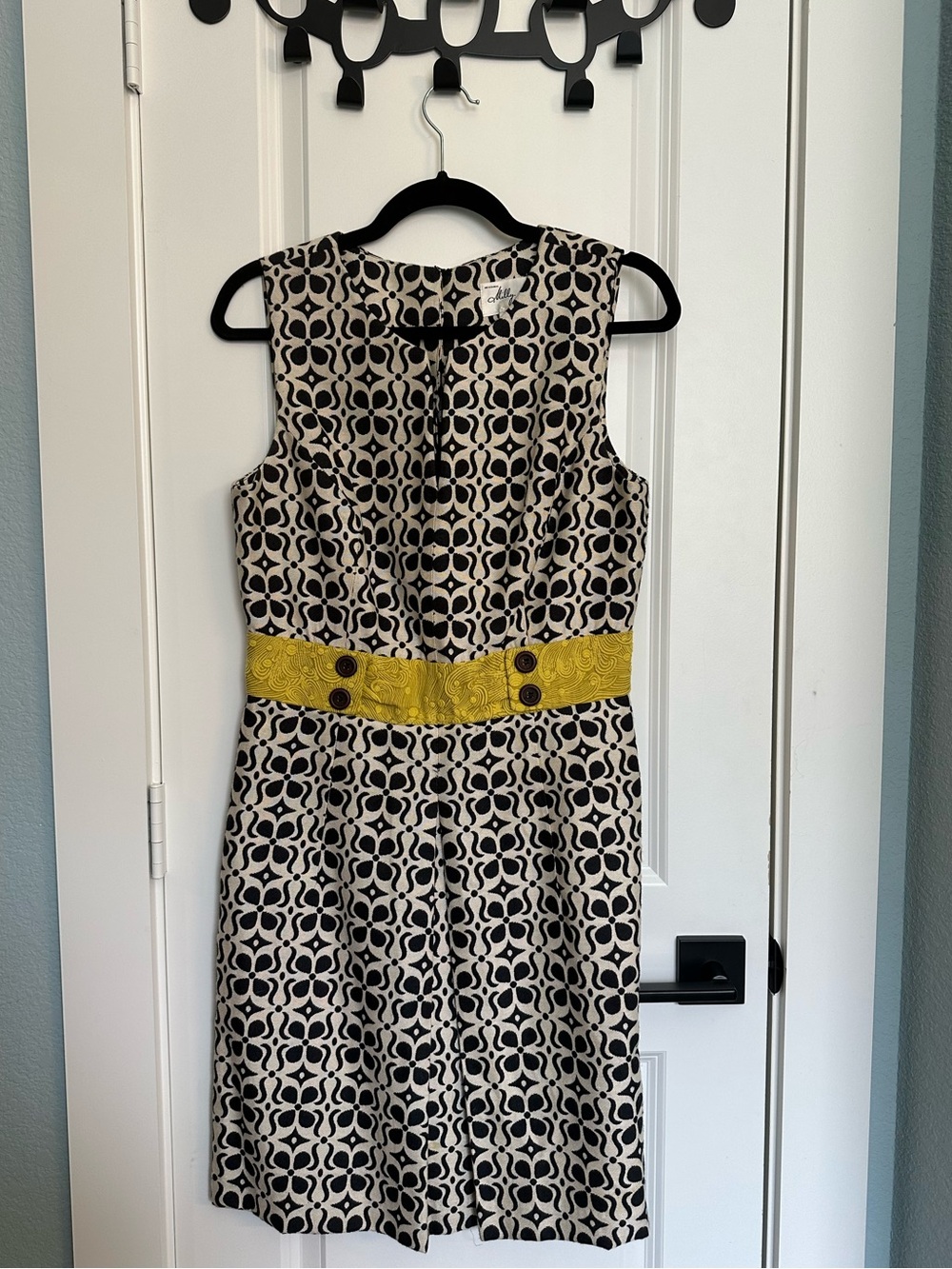 Milly Black & Cream Geometric Sleeveless Midi Dress with Yellow Waistband